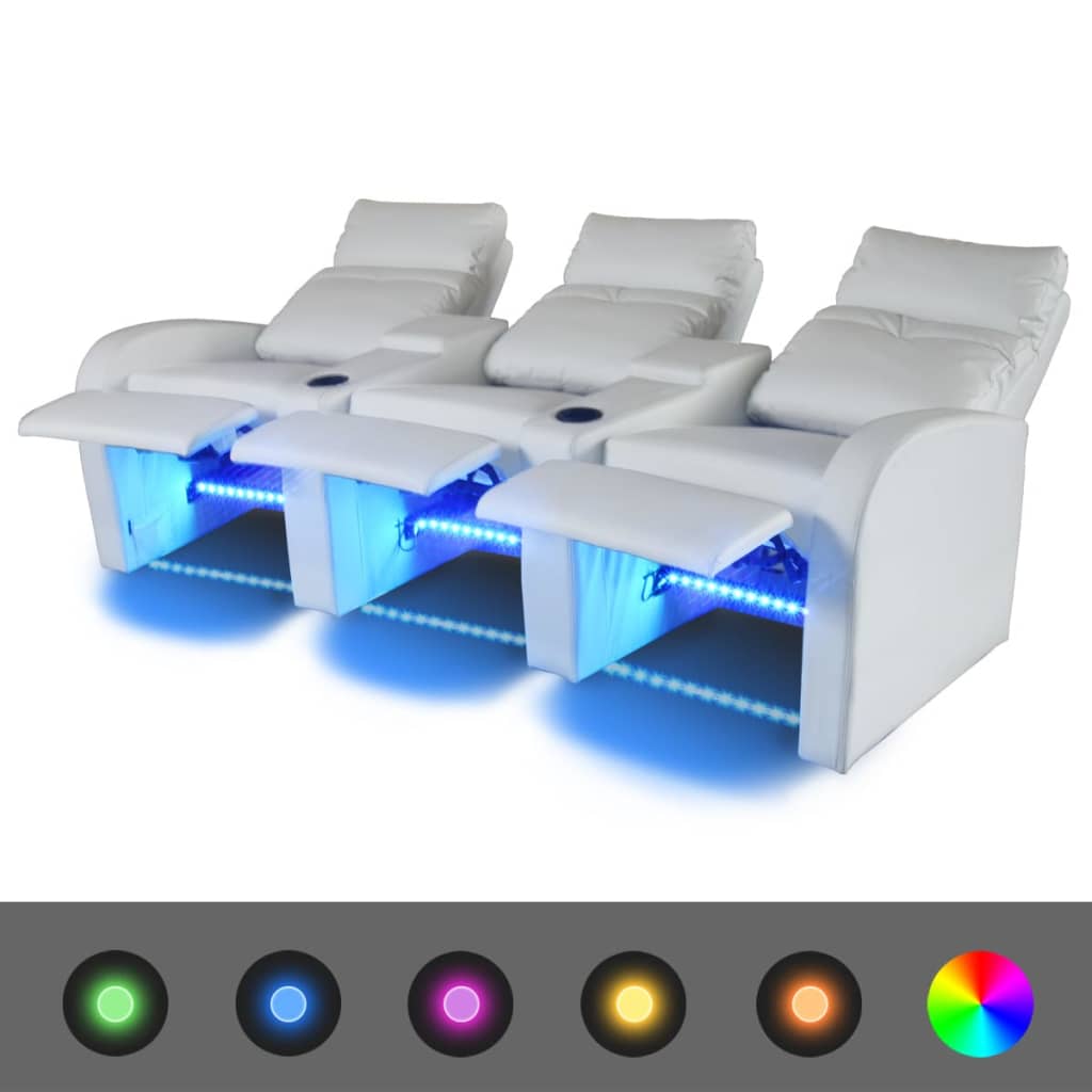 Trivietis krėslas reglaineris su LED, dirbtinė oda, baltas | Stepinfit