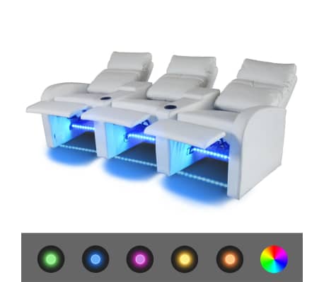 vidaXL Καναπές Τριθέσιος Ανακλινόμενος με LED Λευκός Συνθετικό Δέρμα