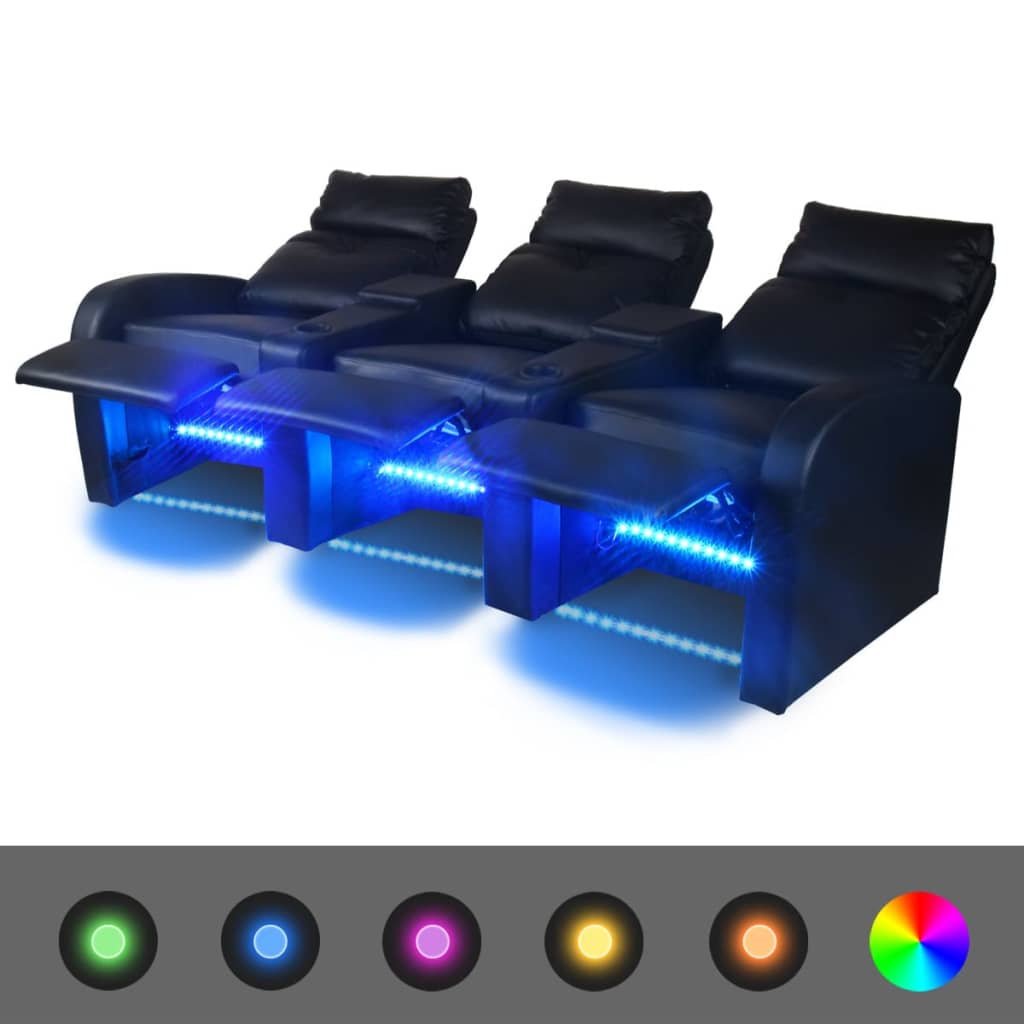 vidaXL Sillón de 3 plazas con LED cuero sintético negro
