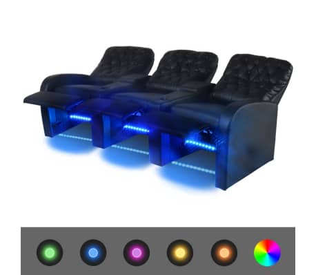 vidaXL 3 połączone, rozkładane fotele kinowe LED, czarna, eko skóra