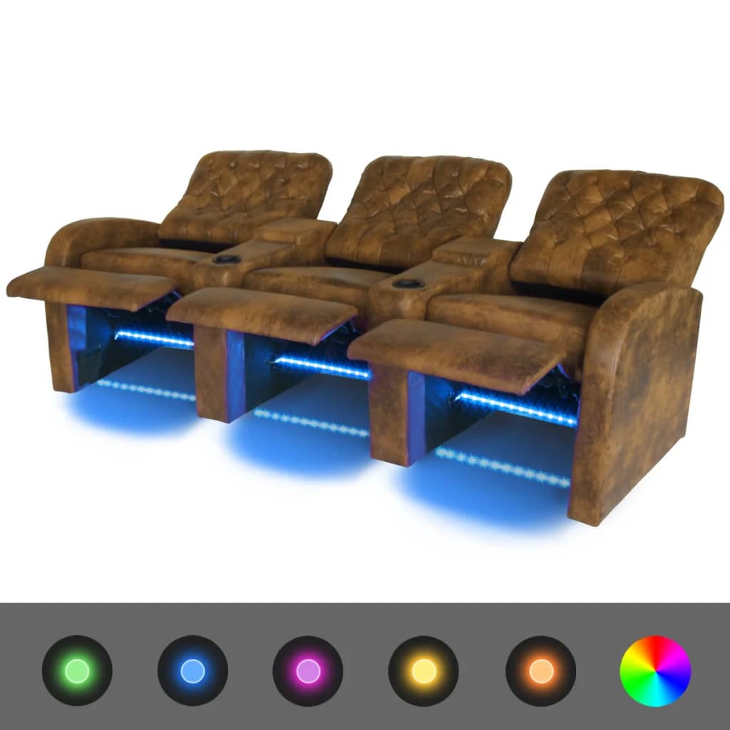 vidaXL 3 połączone fotele rozkładane z LED, brązowa, sztuczna skóra