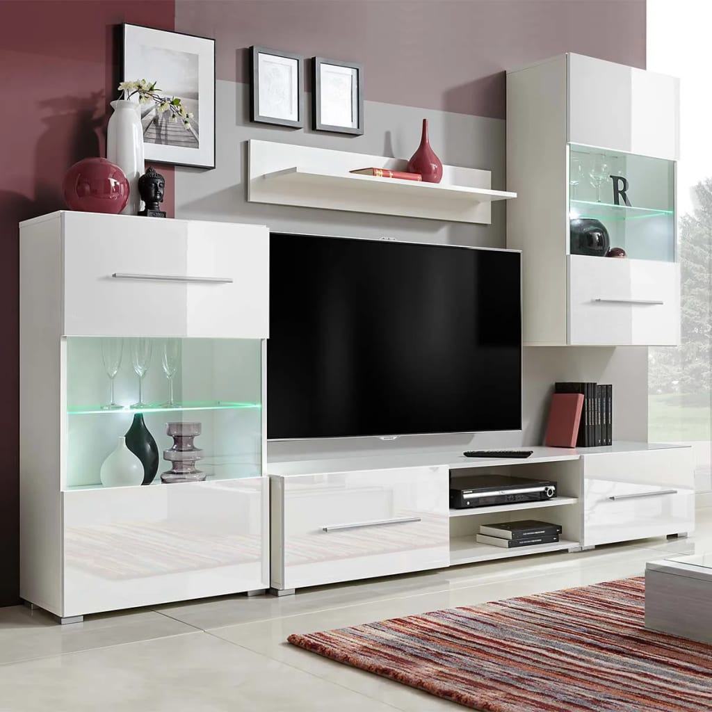 vidaXL Set mobilier comodă TV de perete, 5 piese, iluminare LED, alb Alb imagine noua