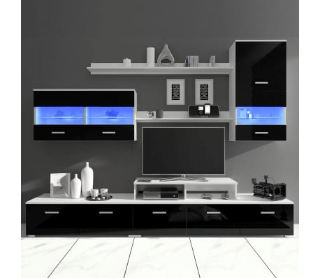vidaXL Siebenteilige Wohnwand mit LED Hochglanz Schwarz 250 cm