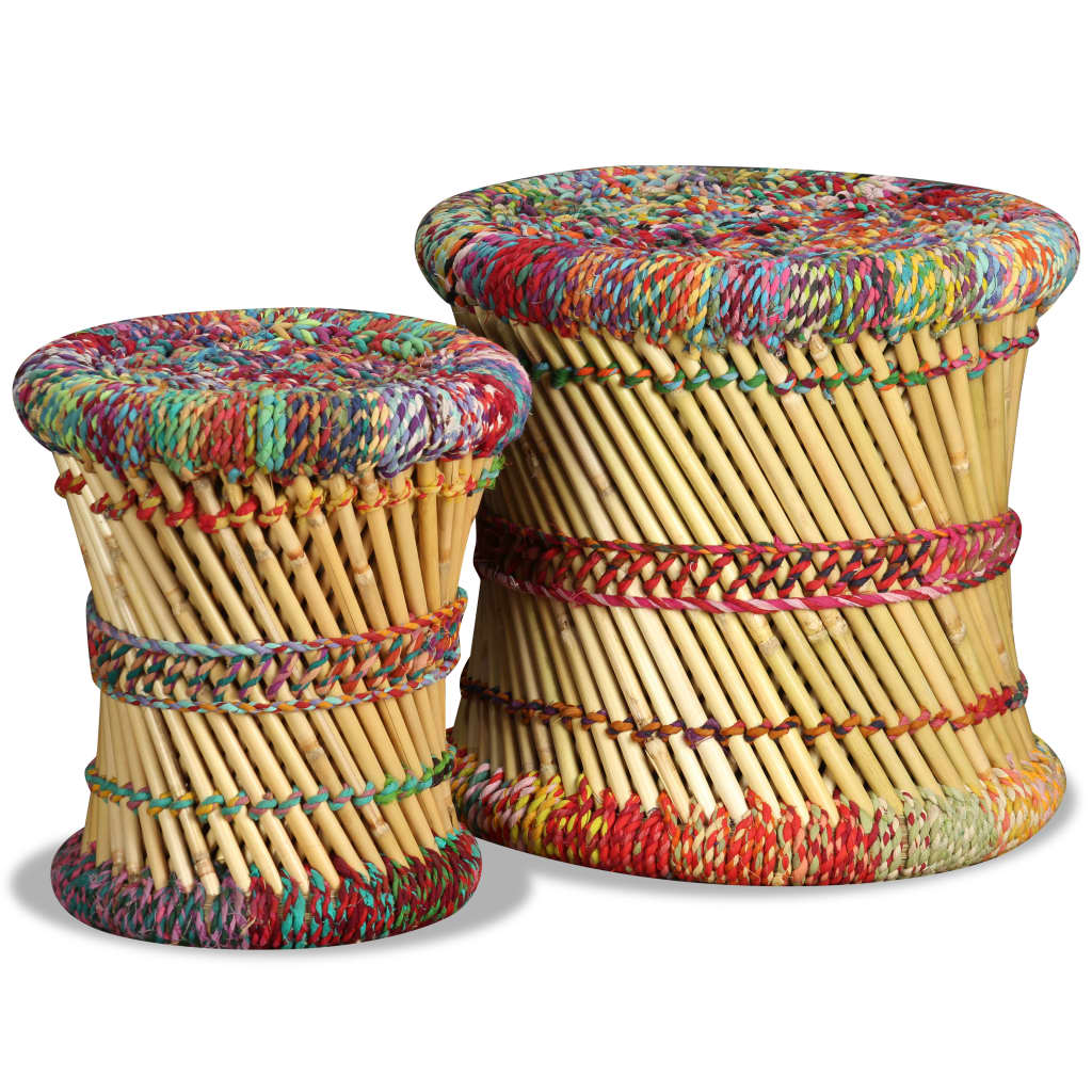 Stools with Chindi Details 2 Piece Multicolour Bamboo