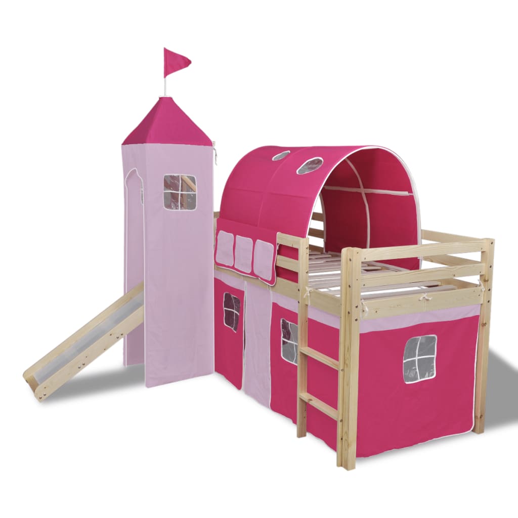

vidaXL Kinderhoogslaper met glijbaan en ladder hout roze