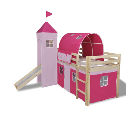 vidaXL bērnu gulta ar slidkalniņu un trepēm, koka, rozā