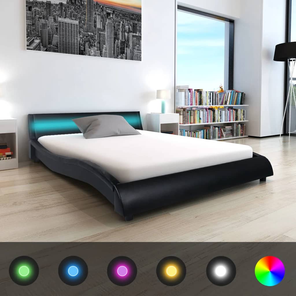 vidaXL Κρεβάτι LED Μαύρο 140 x 200 εκ. από Συνθετικό Δέρμα με Στρώμα