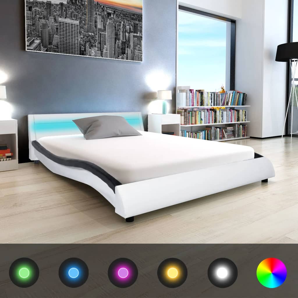 vidaXL Κρεβάτι LED Ασπρόμαυρο 140 x 200 εκ. Συνθετικό Δέρμα με Στρώμα