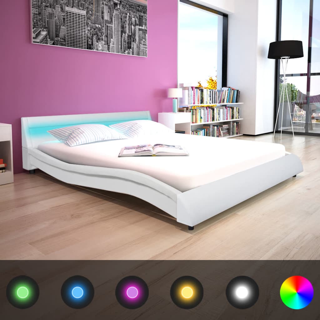 vidaXL Κρεβάτι LED Λευκό 160 x 200 εκ. από Συνθετικό Δέρμα με Στρώμα