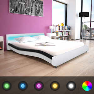 Postel s matrací LED černá a bílá umělá kůže 160 x 200 cm