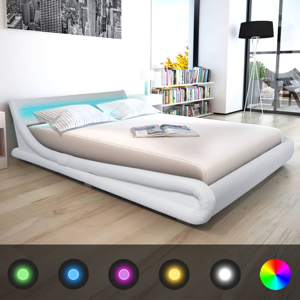 vidaXL Κρεβάτι LED Λευκό 160 x 200 εκ. από Συνθετικό Δέρμα με Στρώμα