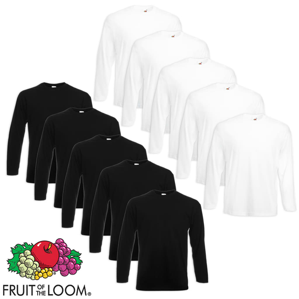 Fruit of the Loom Pitkähihainen Paita Puuvilla 10 kpl Valk./Musta S