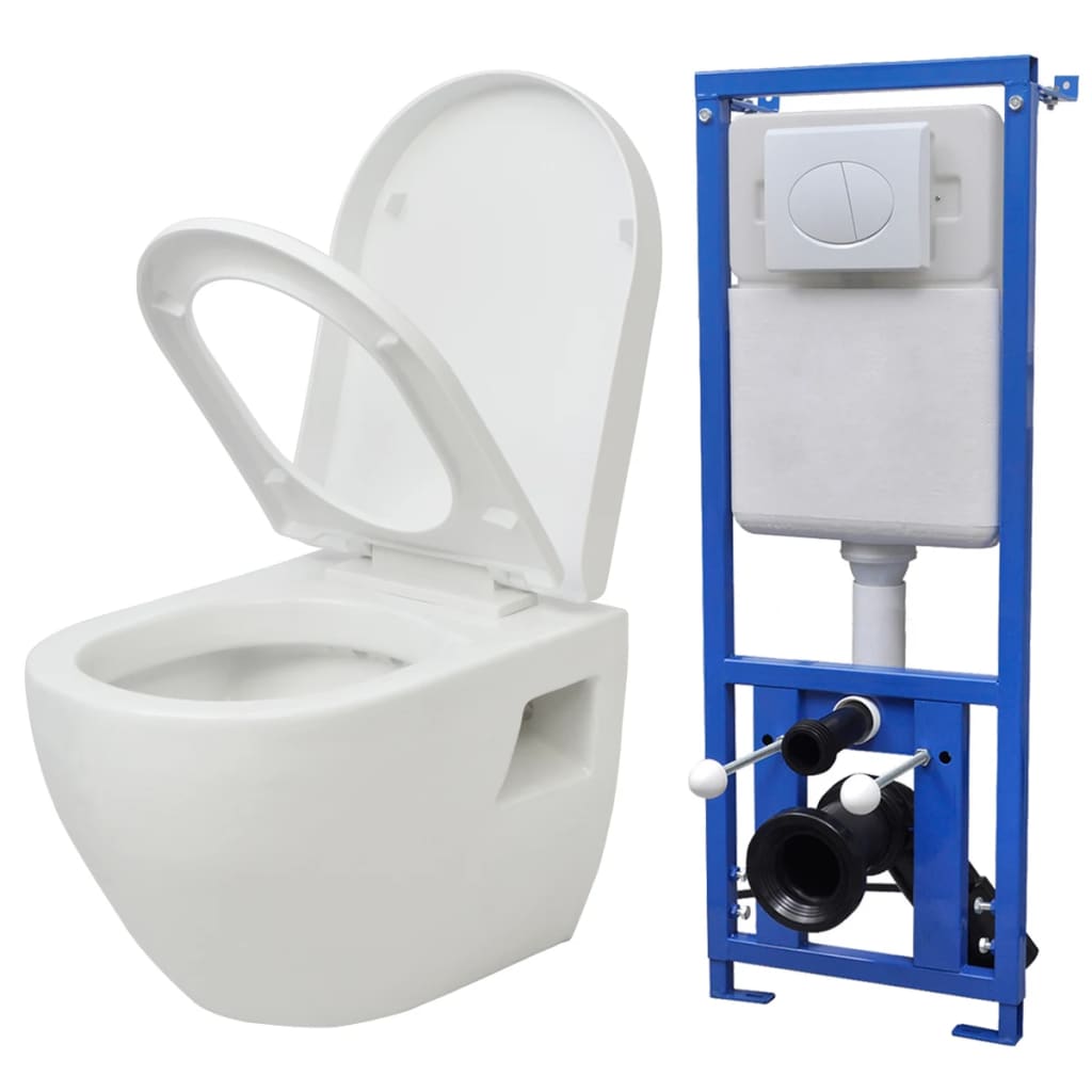 vidaXL Seinäkiinnitettävä WC-istuin vesisäiliöllä keramiikka valkoinen