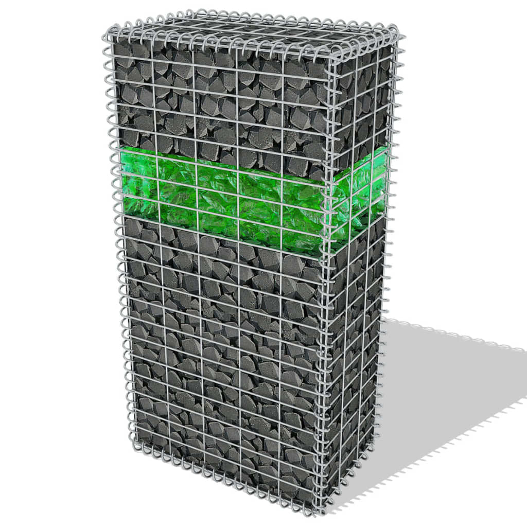 vidaXL Gabion de grădină cu pietre de sticlă & lampă LED 50x30x100 cm