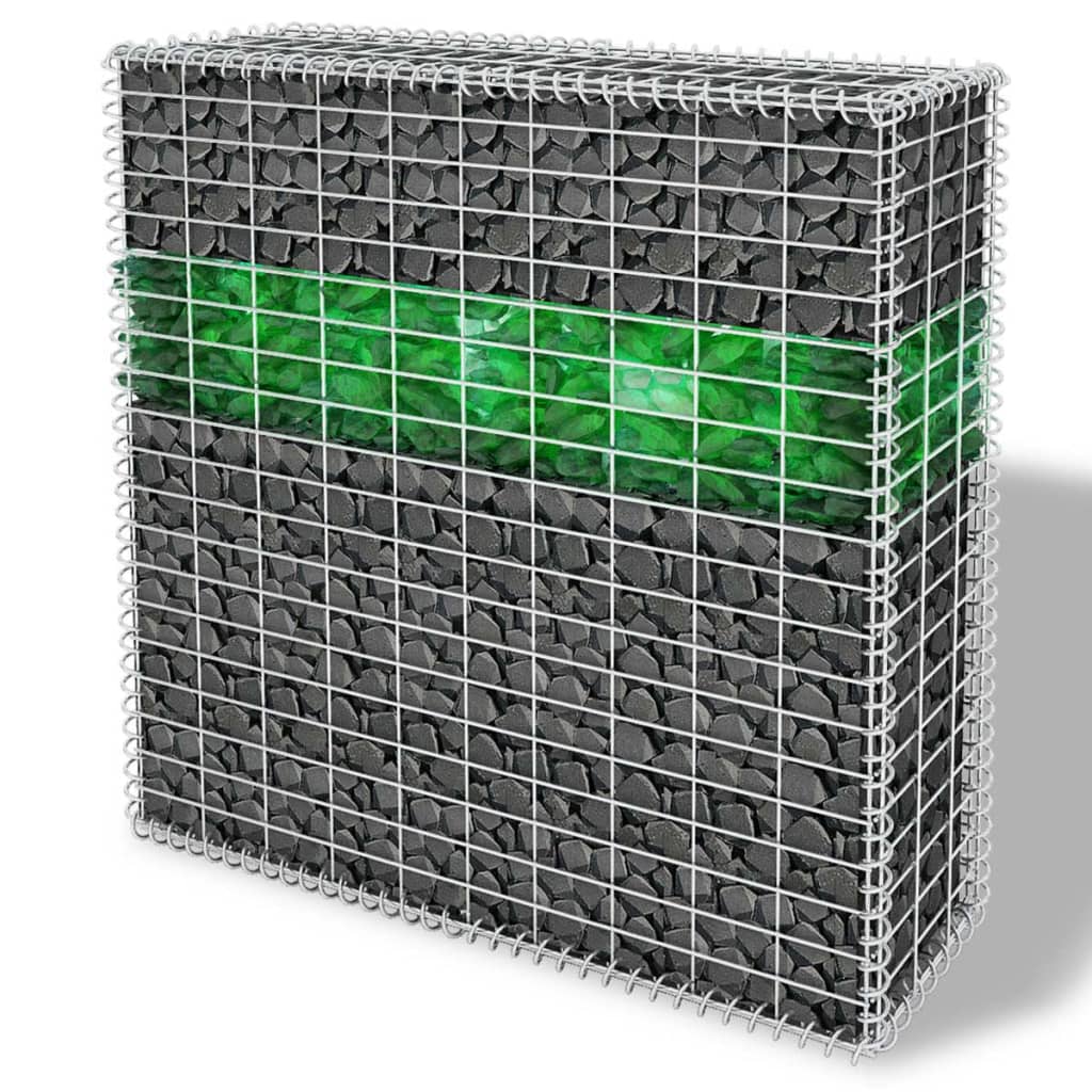 vidaXL Gabion de grădină cu pietre de sticlă & lampă LED 100x30x100 cm