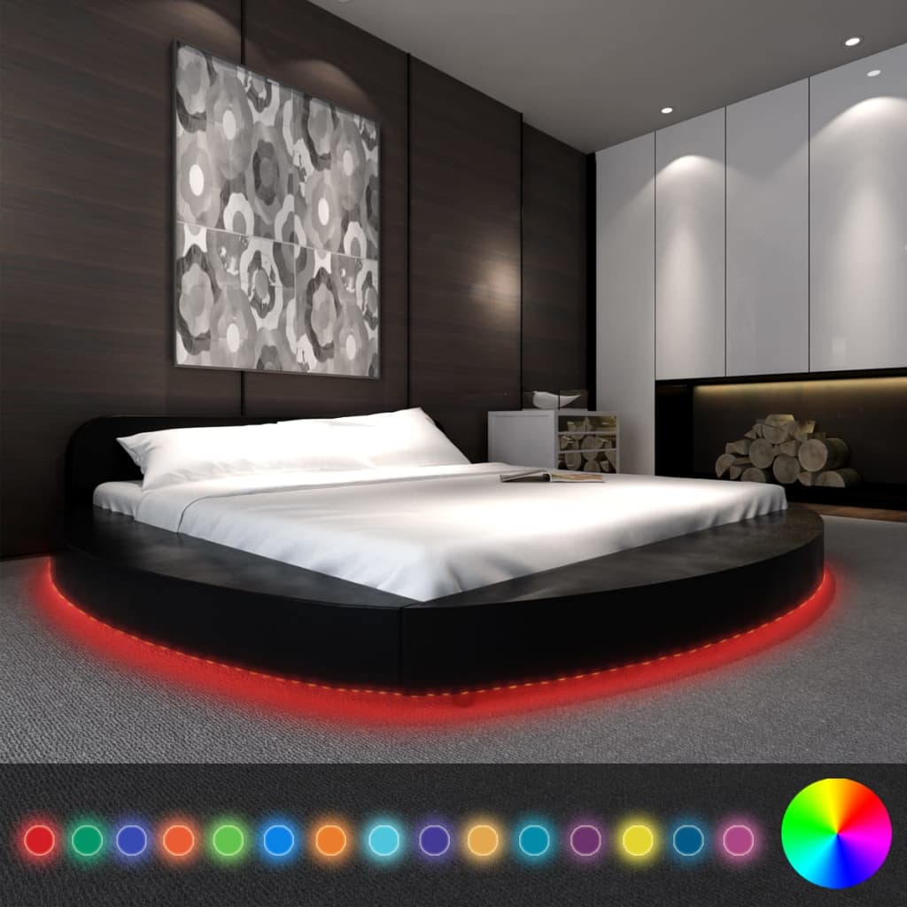 vidaXL Κρεβάτι Στρογγυλό LED Μαύρο 180 x 200 εκ. Δερματίνη με Στρώμα
