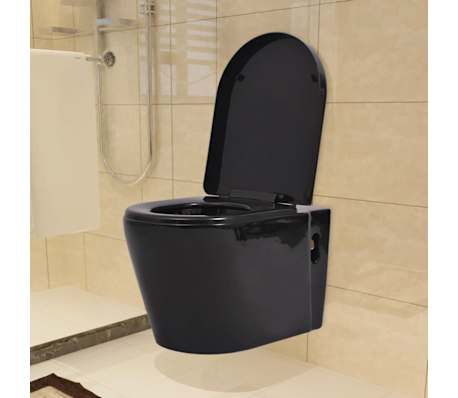 vidaXL Λεκάνη Κρεμαστή Μαύρη Κεραμική με Εντοιχιζόμενο Καζανάκι