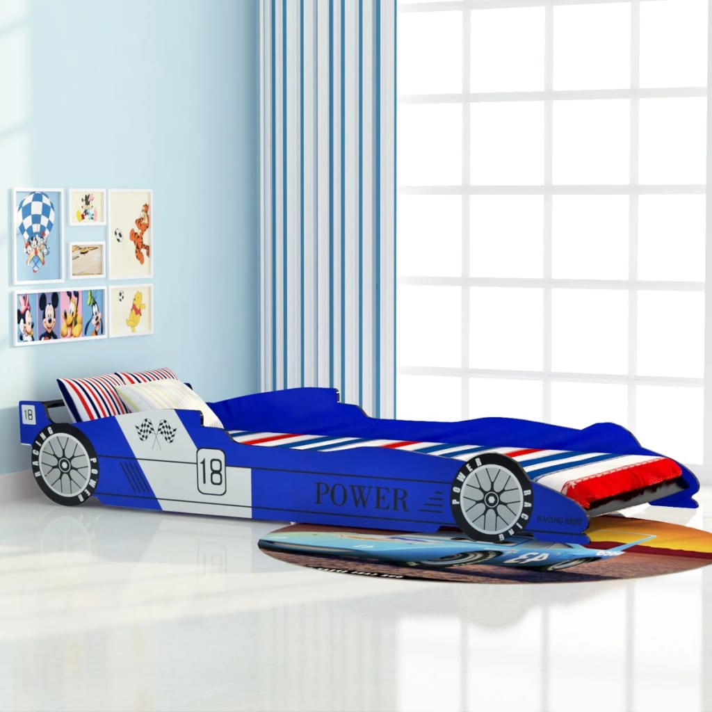 vidaXL Pat pentru copii mașină de curse 90 x 200 cm, albastru vidaXL