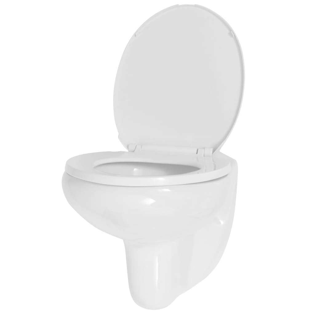 vidaXL Конзолна тоалетна чиния с плавно затваряне, керамична, бяла