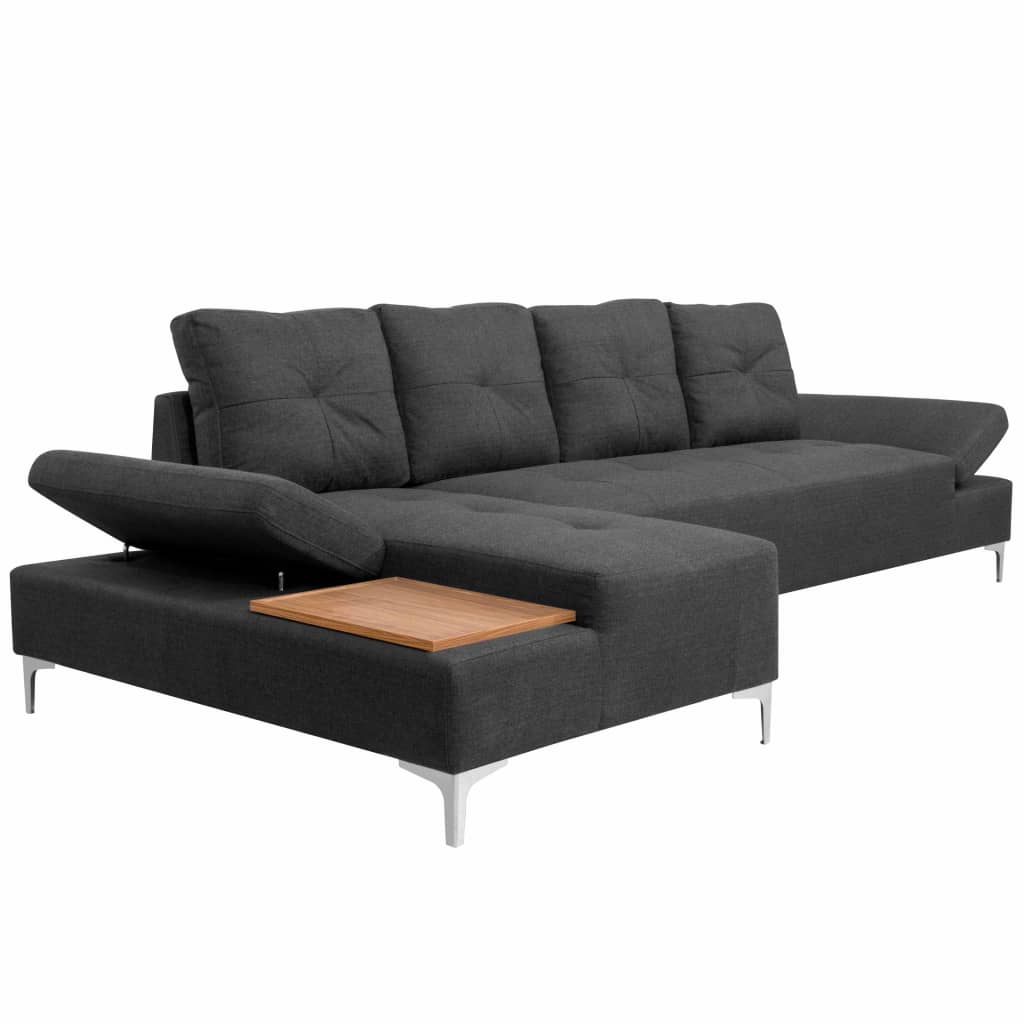 vidaXL Sofa w kształcie L, ciemnoszara, taca drewniana, XXL, 300 cm