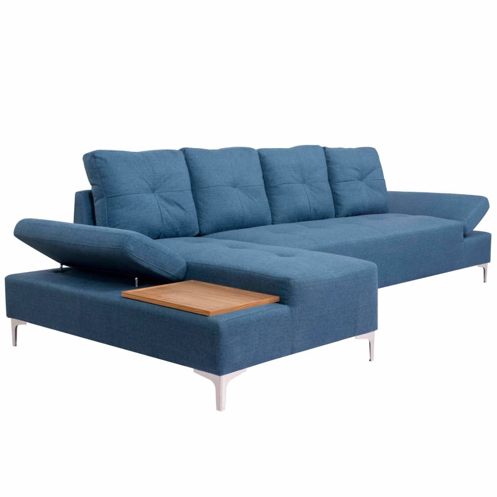 vidaXL Rohová sedačka s dřevěným tácem, textil, modrá, XXL, 300 cm
