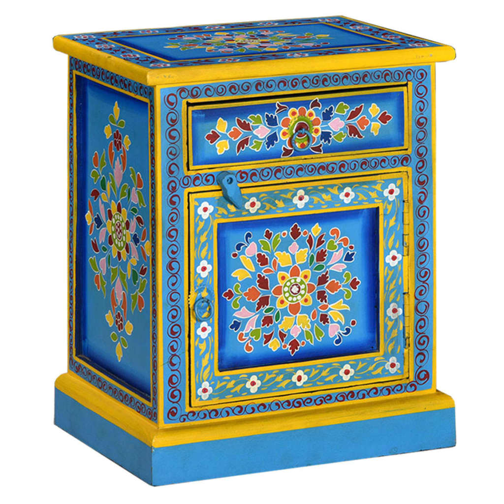 Image of vidaXL Bedside Cabinet Solid Mango Wood Turquoise Hand Painted