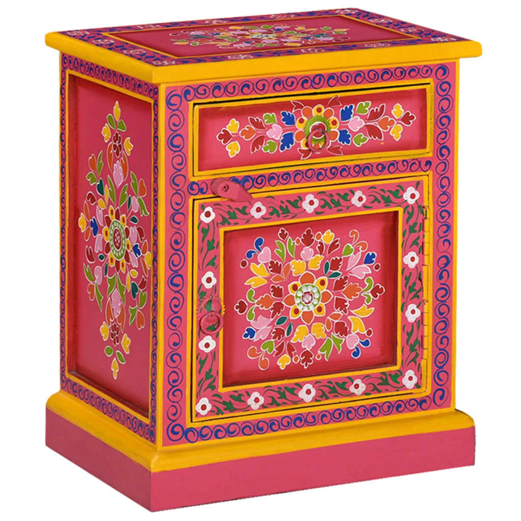 Image of vidaXL Bedside Cabinet Solid Mango Wood Pink Hand Painted