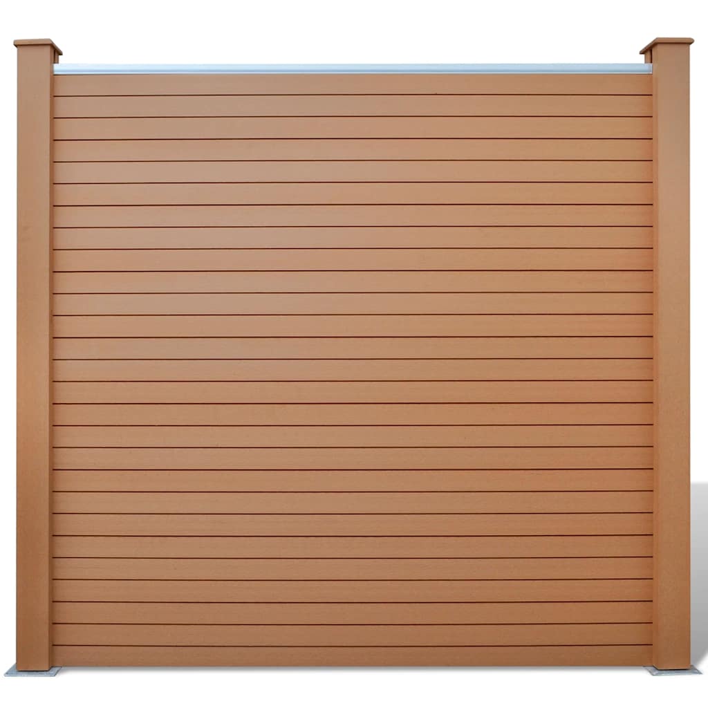 Brown WPC fence panel with vertical slats, front view on a white background.