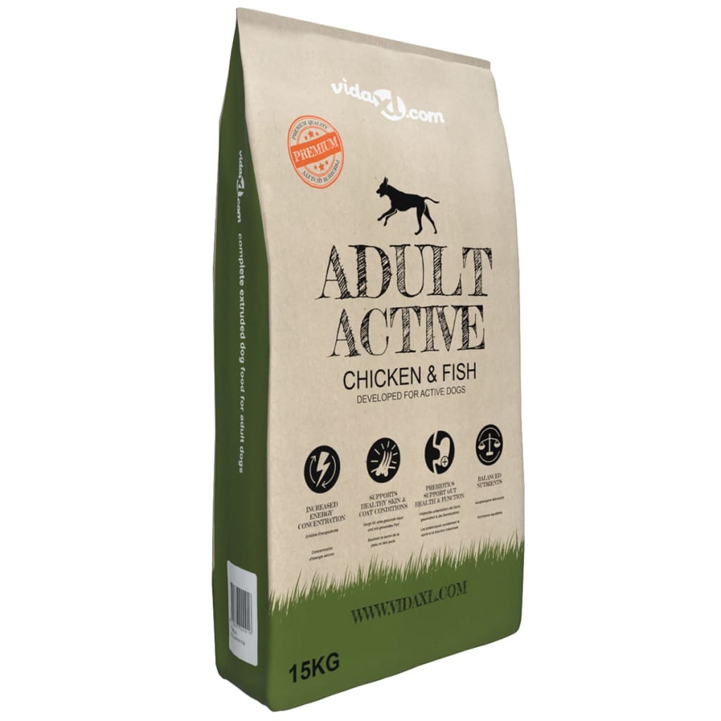 vidaXL Hrană câini uscată Premium, pui & pește adulți activi, 15 kg
