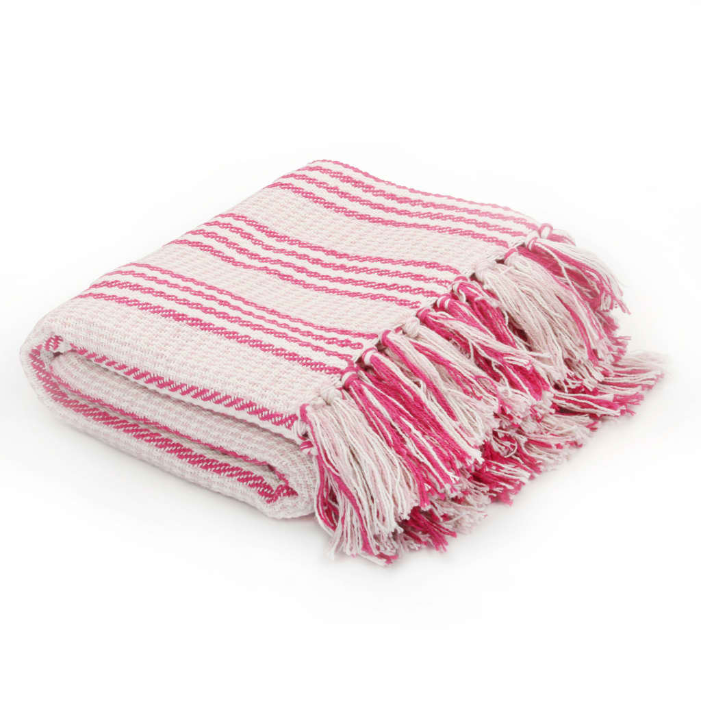 vidaXL Pătură decorativă cu dungi, bumbac, 125 x 150 cm, roz și alb vidaXL