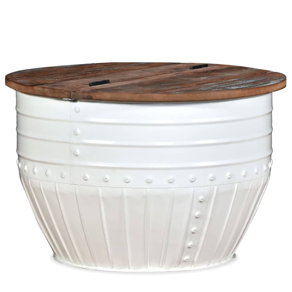 kafijas galdiņš, mucas forma, pārstrādāts koks, tērauds, balts