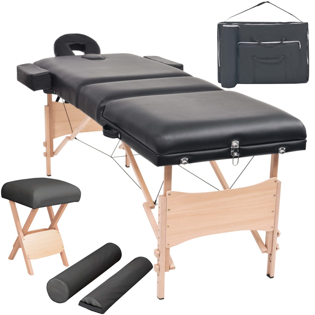 vidaXL Set taburet și masă de masaj pliabilă 3 zone negru grosime 10cm 10cm