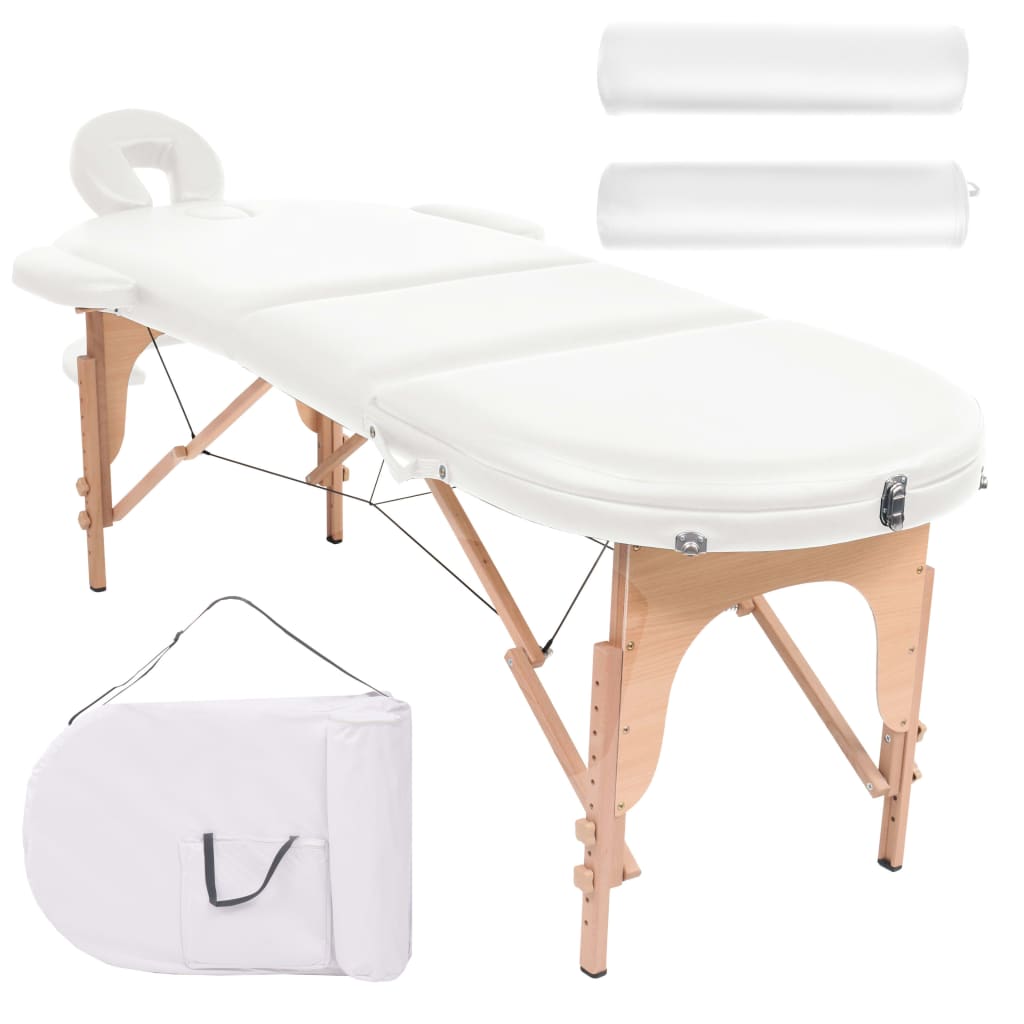 vidaXL Masă masaj pliabilă, 4 cm grosime, cu 2 perne, alb, oval vidaXL