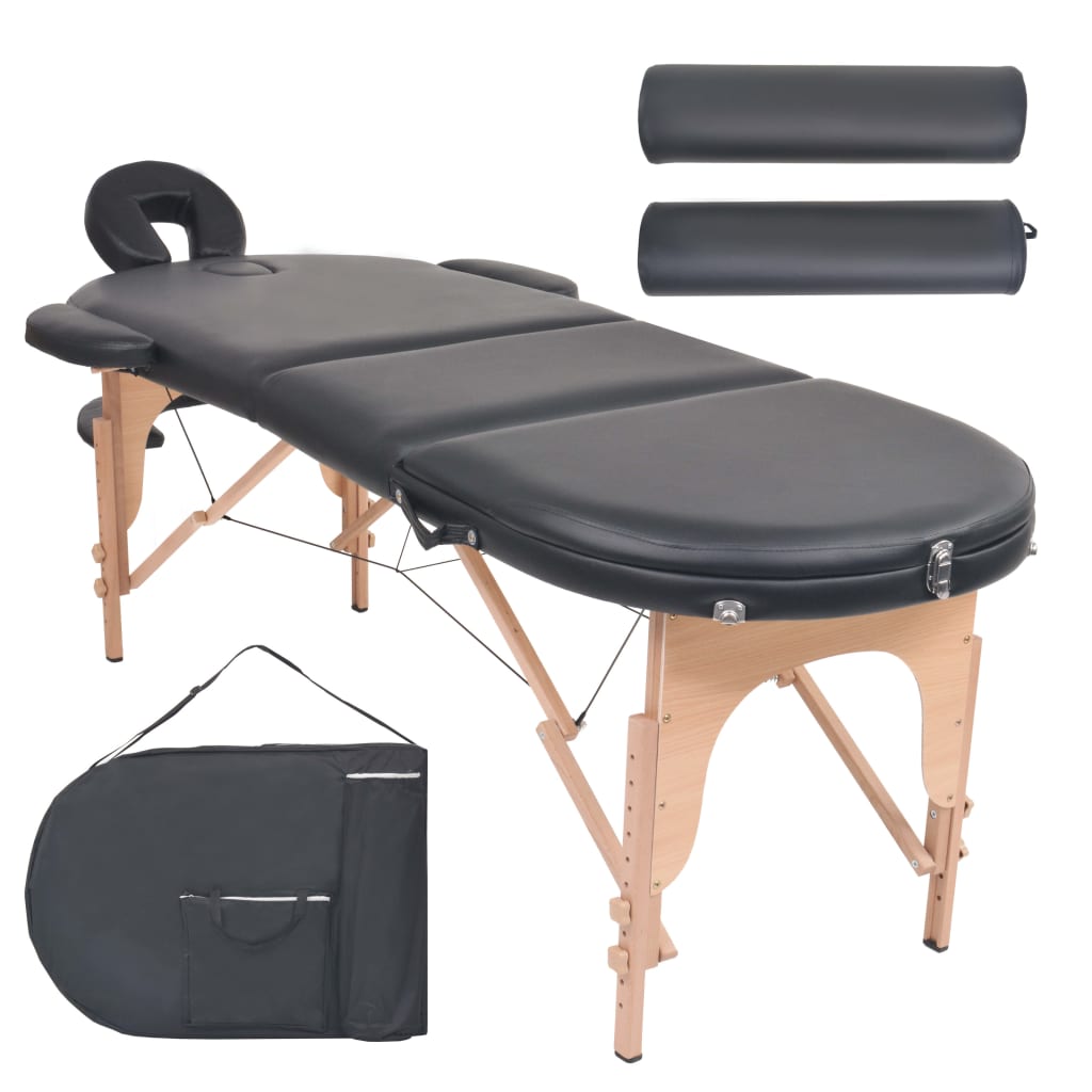 vidaXL Masă masaj pliabilă, 4 cm grosime, cu 2 perne, negru, oval