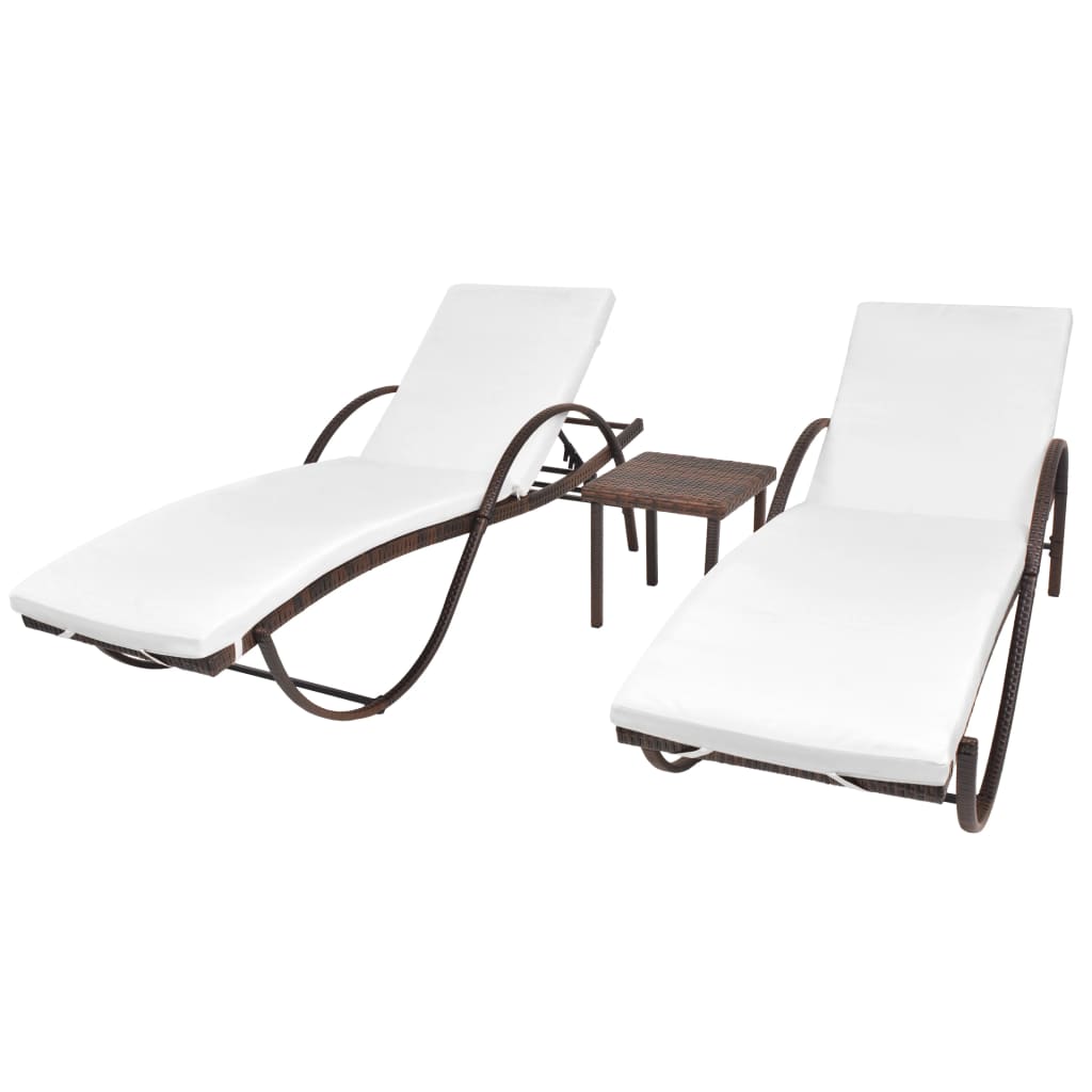 

vidaXL Sun Loungers 2 pcs with Table Poly Rattan Brown