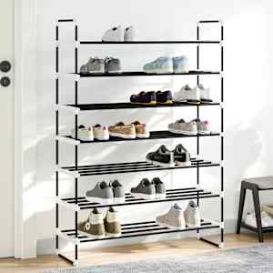 Stojalo za čevlje s 7 policami iz kovine in plastike črne barve