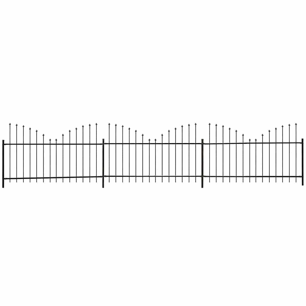 Black inverted spear top steel garden fence, front view on a white background.