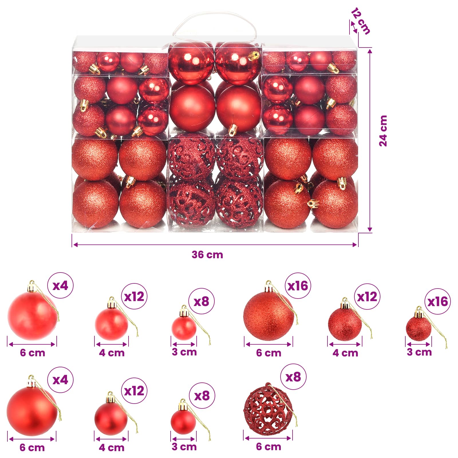 vidaXL 100-tlg. Weihnachtskugel-Set 3/4/6 cm Rot – Bild 6