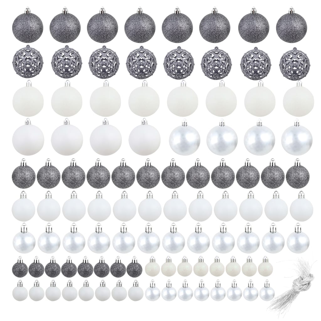Set globuri de Crăciun 100 de piese, 3/4/6 cm, alb/gri