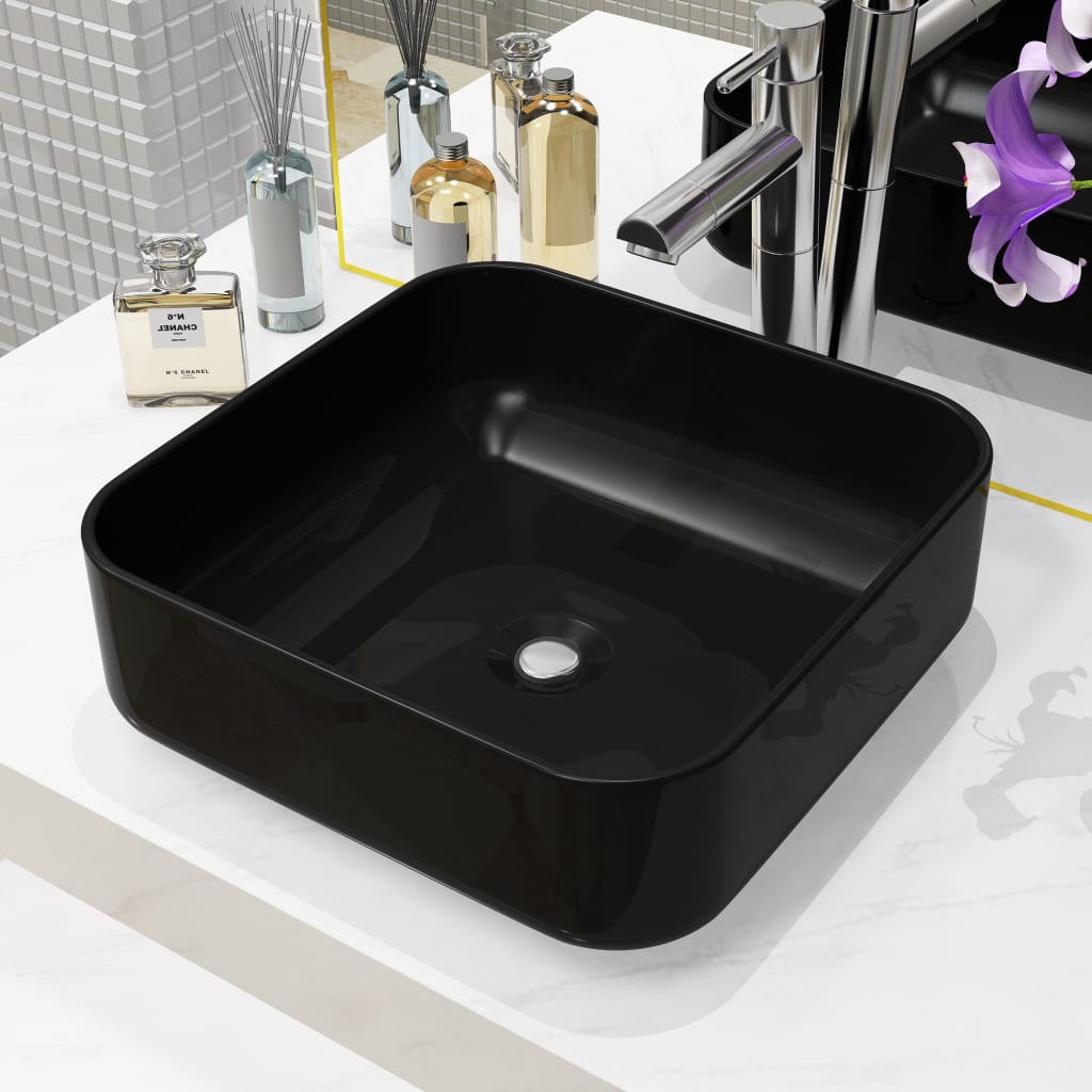 vidaXL Chiuvetă de baie din ceramică, pătrată, negru, 38x38x13,5 cm vidaxl.ro