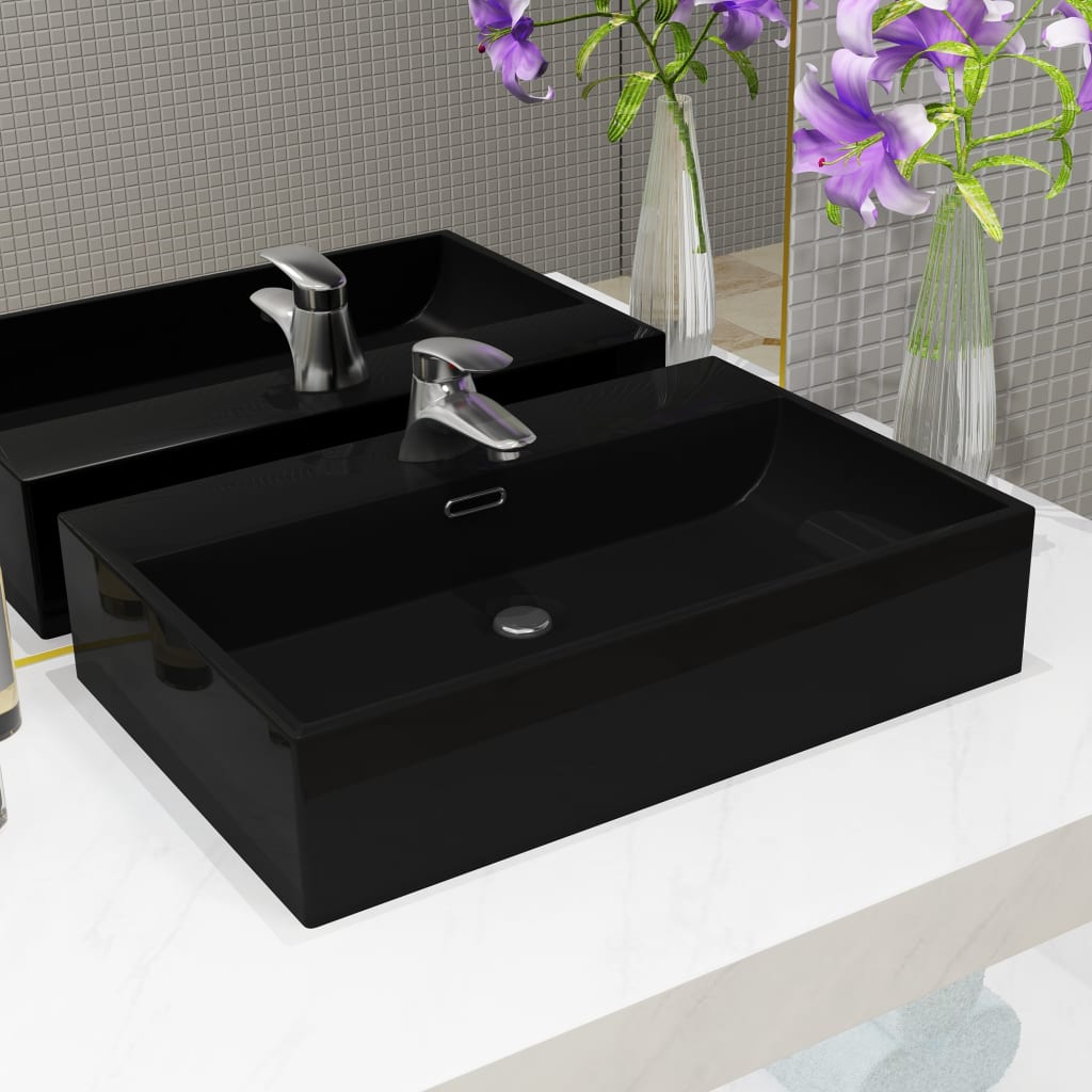 vidaXL Chiuvetă baie, orificiu robinet, ceramică 76×42,5×14,5 cm negru vidaXL