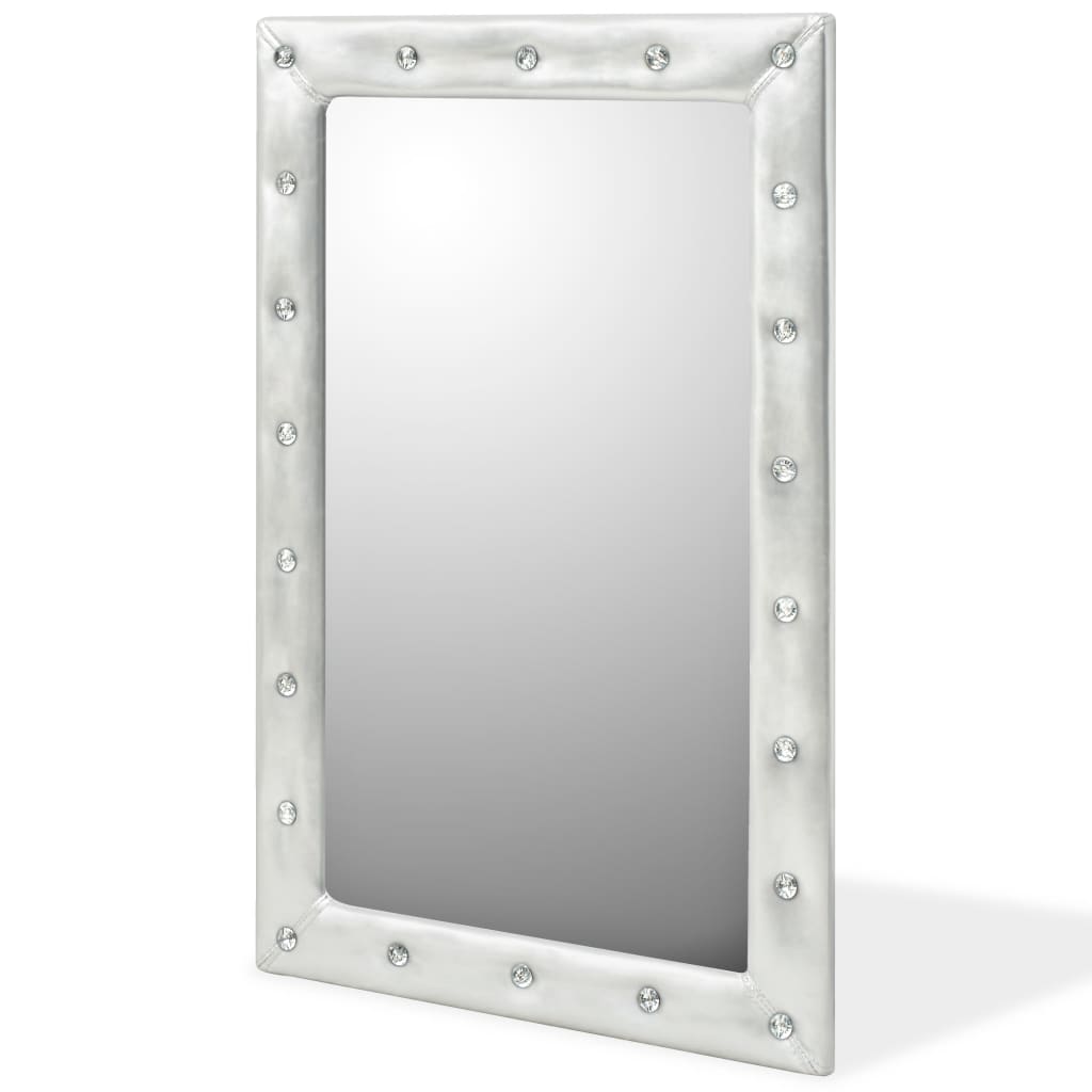 vidaXL Specchio da Parete in Pelle Sintetica 60x90 cm Argento Lucido