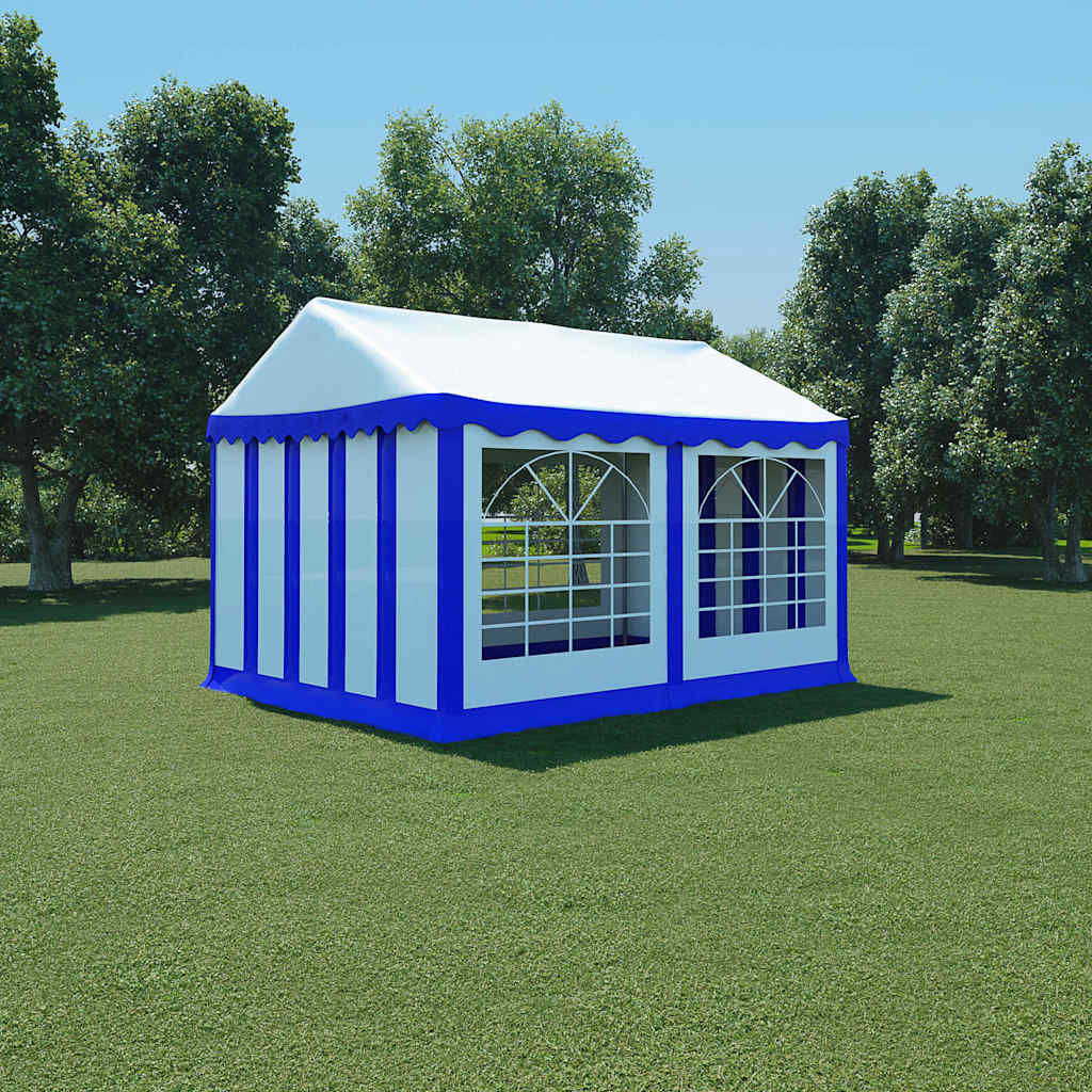 Blue and white PVC marquee tent with windows, side view on a grassy field.