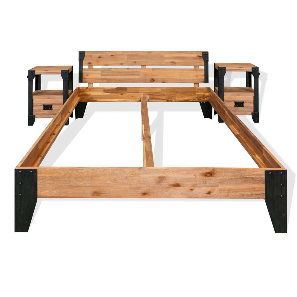 

vidaXL Bedframe met 2 nachtkastjes 140x200 cm acaciahout en staal