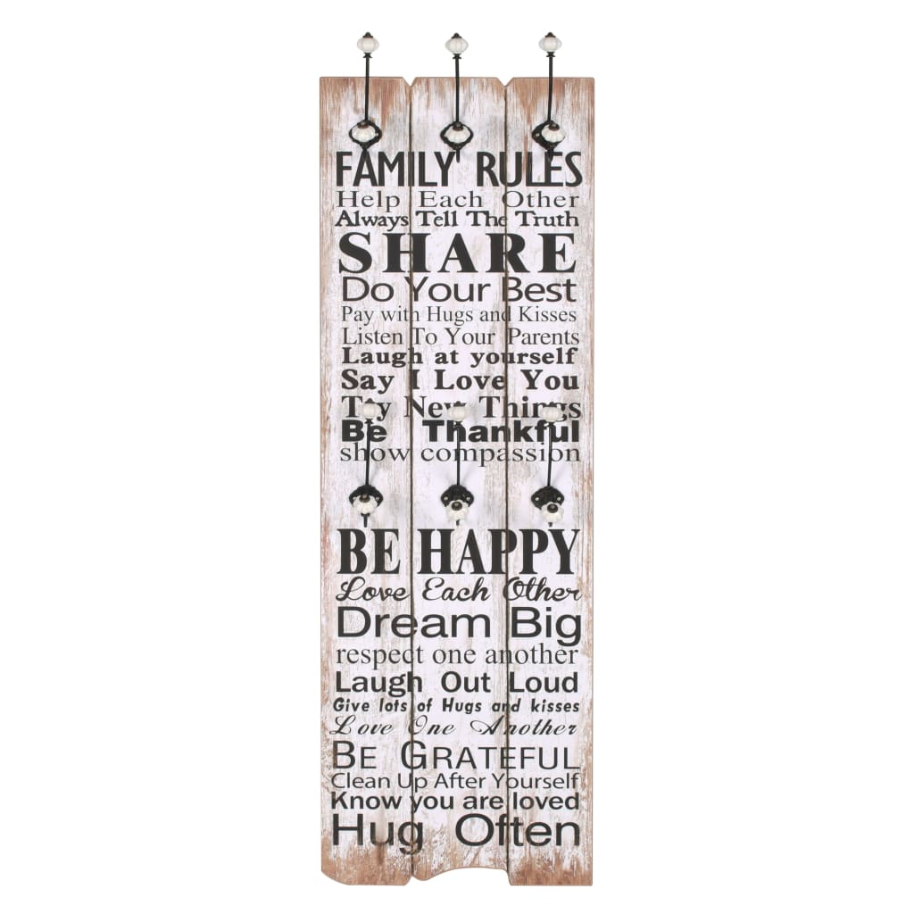 vidaXL Muurkapstok met 6 haken FAMILY RULES 120x40 cm