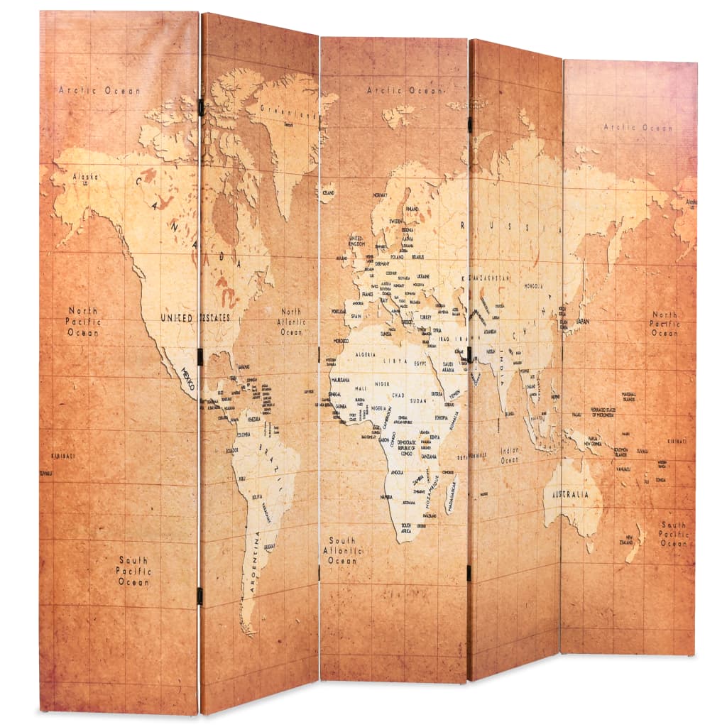 vidaXL Paravento Pieghevole 200x170 cm Stampa Mappa del Mondo Giallo