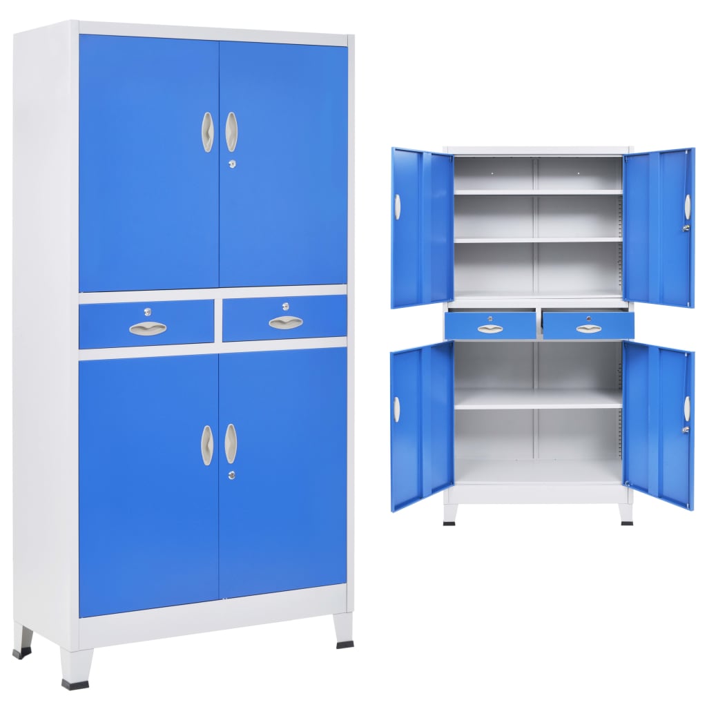 vidaXL Dulap de birou, 4 uși, metal 90 x 40 x 180 cm, gri și albastru poza vidaxl.ro