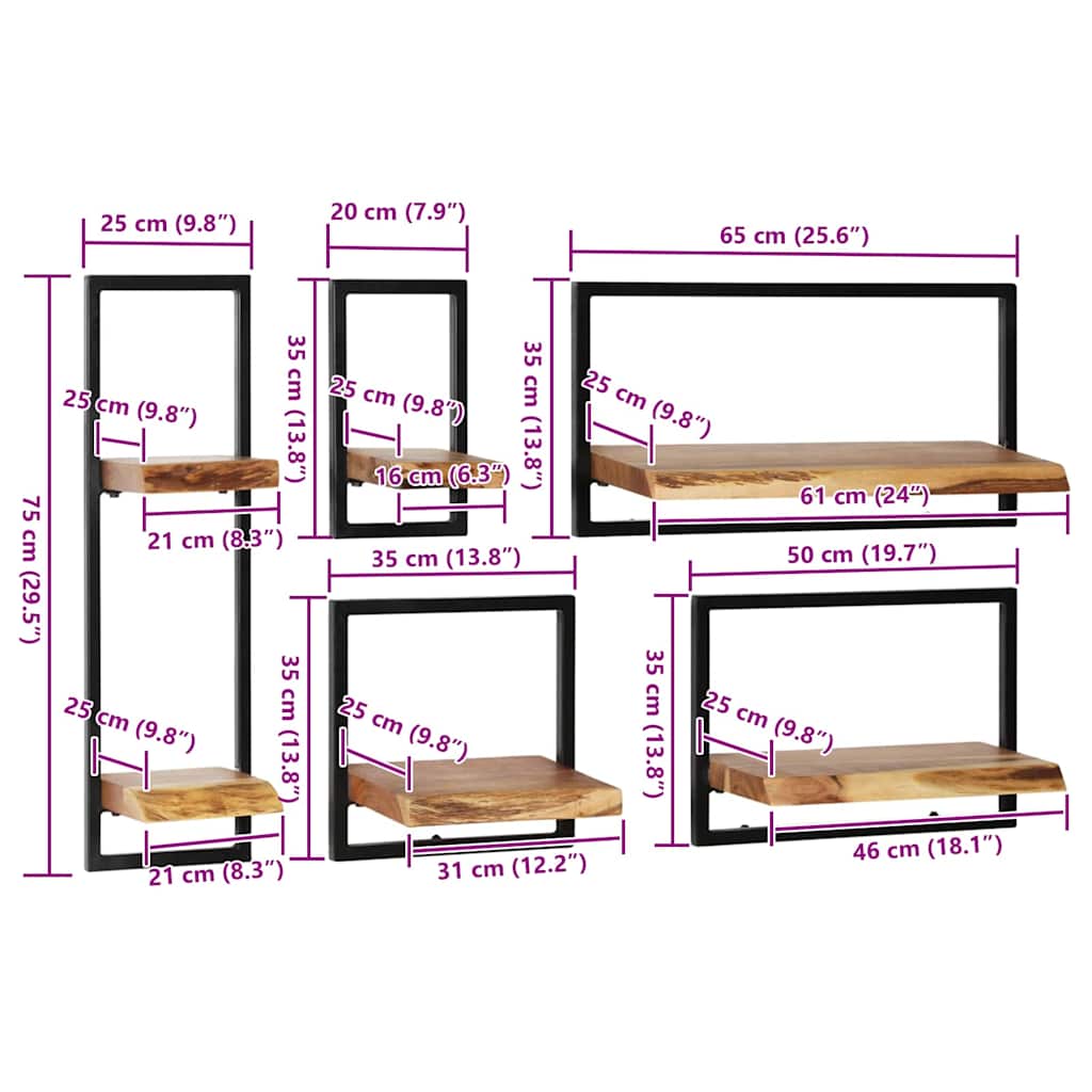 Set D'étagères Murales 5 Pcs Bois D'acacia Massif Et Acier VidaXL 20 width=274
