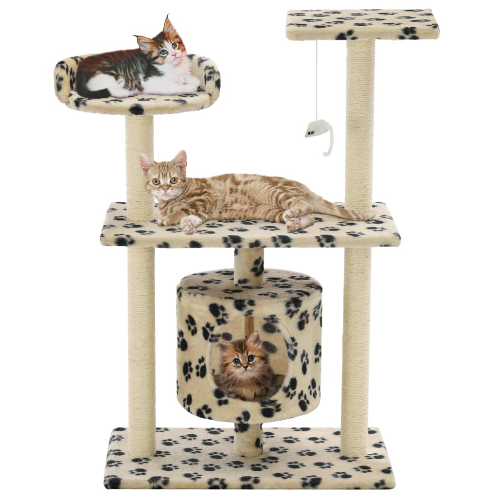 vidaXL Ansamblu pisici, stâlpi funie sisal, 95 cm imprimeu lăbuțe Bej