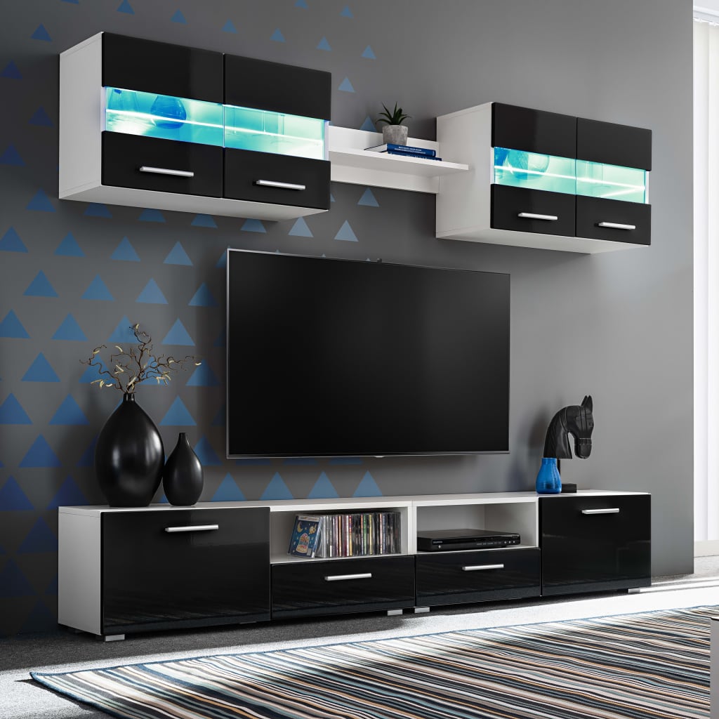 vidaXL Meblościanka z LED pod TV, 5 elementów, czarna na wysoki połysk